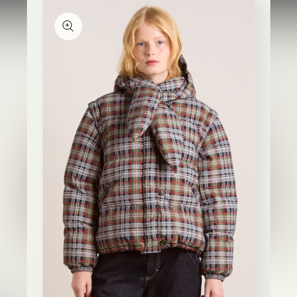Plaid Puffer Bomber Jacket with Scarf Hood - Brown/Gray - Picture 15 of 16